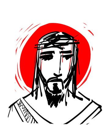 Hand drawn vector digital ink illustration or drawing of Jesus Christ Faceのイラスト素材