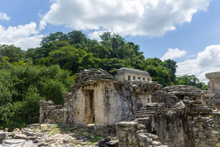 Palenque, Chiapas / Mexico - 21/07/2019: Detail of the archaeological pre hispanic mayan site of Palenque in Chiapas Mexicoのeditorial素材