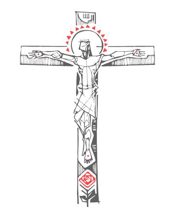Hand drawn vector illustration or drawing of Jesus Christ at the Crossのイラスト素材