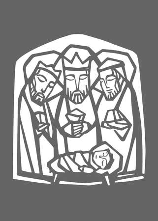 Hand drawn vector illustration or drawing of the three wise men and baby Jesus Christのイラスト素材