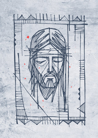 Hand drawn illustration or drawing of Jesus Christ face at the Crucifixionの写真素材