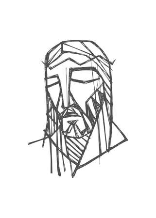 Hand drawn vector illustration or drawing of Jesus Christ Face at his Passionのイラスト素材
