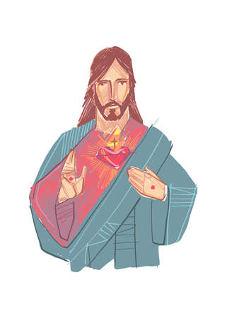 Hand drawn vector illustration or drawing of Jesus Christ and Sacred Heartのイラスト素材