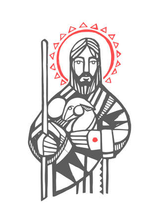 Hand drawn vector illustration or drawing of Jesus Christ Good Shepherdのイラスト素材