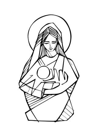 Hand drawn illustration or drawing of Virgin Mary with baby Jesus Christのイラスト素材