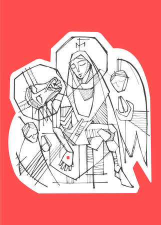 Hand drawn vector illustration or drawing of Virgin Mary holding Jesus Christ at his passion and angels in backgroundのイラスト素材