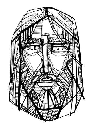 Hand drawn vector illustration or drawing of Jesus Christ faceのイラスト素材