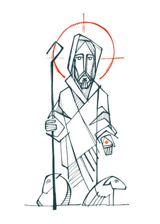 Hand drawn vector illustration or drawing of Jesus Christ Good Shepherdのイラスト素材