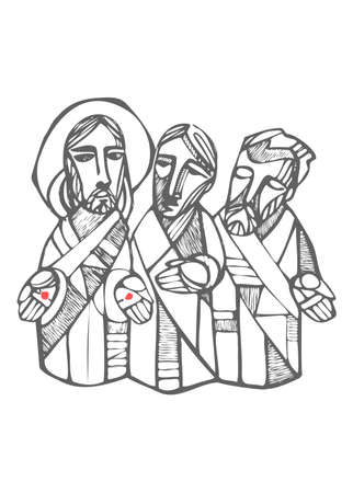 Hand drawn vector illustration or drawing of Jesus Christ and disciples at Emausのイラスト素材