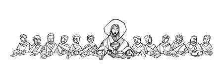 Hand drawn illustration or drawing of Jesus Christ with disciples at Last Supperのイラスト素材