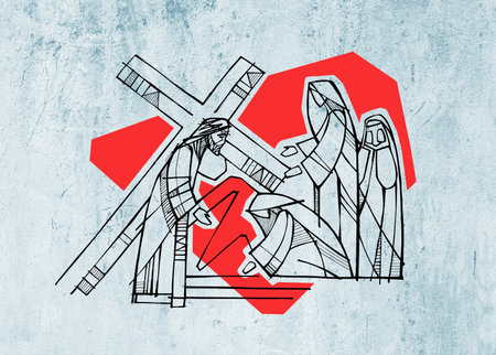 Hand drawn illustration or drawing of Jesus Christ at the Crossの写真素材