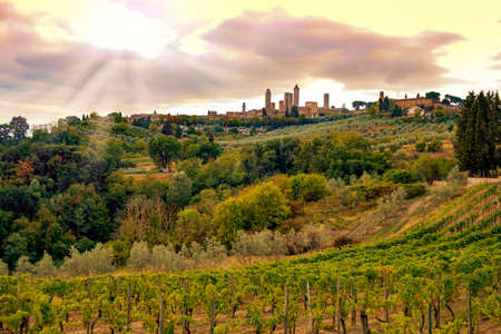 View of San Gimignano on the hill in the sunsetの写真素材