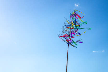 May tree, traditional hungarian austrian german folklore decoration in may with blue skyの写真素材