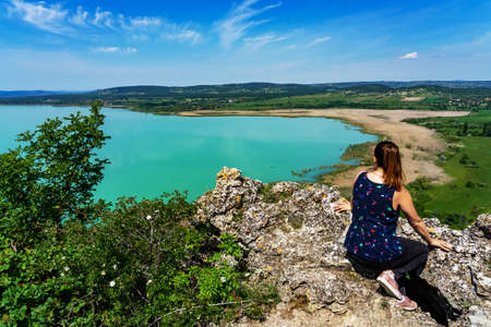 Arial panoramic view of Balaton with a young womanの写真素材