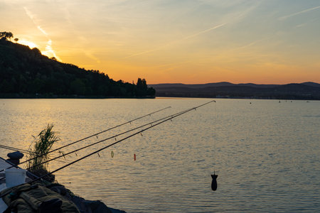silhouettes of a fishermans fishing rods at Balaton Hungary during sunset