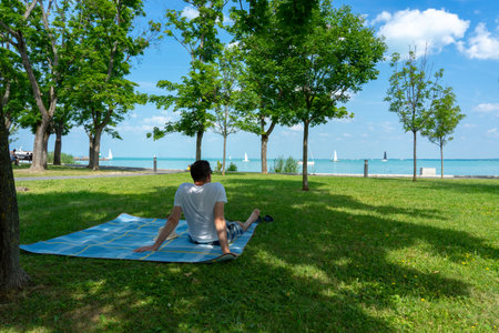 picnic and relaxation at Lake Balaton Hungary with a man on a blanketの写真素材