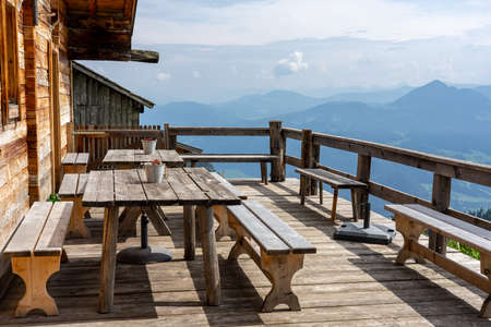 alm hut hÃ¼tte terrasse in tyrol with mountain viewの写真素材