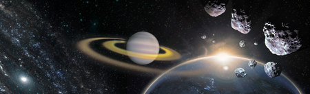 colofrul Space scene with planets, stars and galaxies. Panorama Horizontal view .