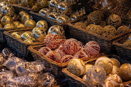 Christmas ornament decoration kiosk stand on a winter marketの写真素材