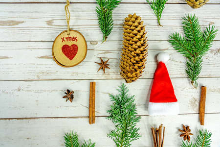 flat lay christmas composition on white wooden background filled frame .の写真素材