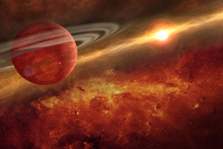 saturn planet in the red universe with gases and the sunの写真素材