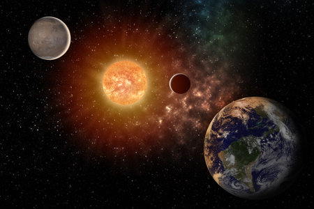 planets round the sun in the Solar system in the colorful starry universe.