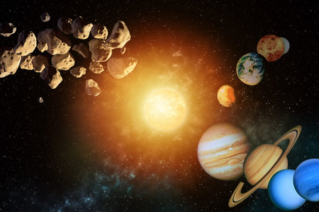 planets round the sun in the Solar system in the colorful starry universe .
