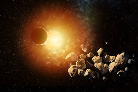 planets round the sun in the Solar system with asteroids in the colorful starry universe .