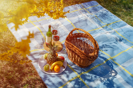 activities at home during isolation have a picnic with wine and fruits in your own garden .