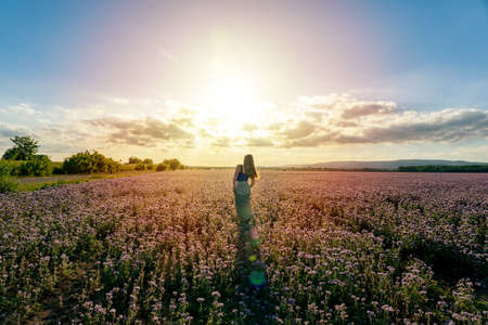 Woman enjoying the nature and the sunset while walking on the wild fieldsの写真素材