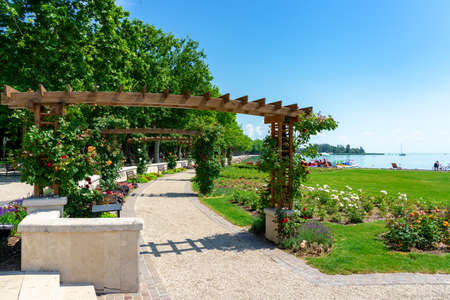 Pergola arbor Pathway park with flowers to lake Balaton in Balatonfured, Hungaryの写真素材