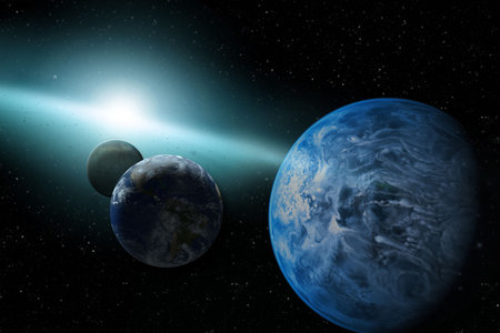 High quality blue Deep space beauty, planets, stars and galaxies in solar system with the sun in the...
