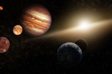 High quality Deep space beauty, planets, stars and galaxies in solar system with the sun in the...