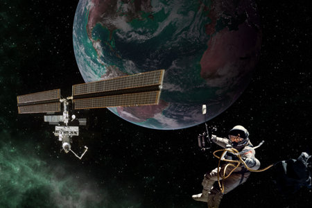exploration mission with an astronaut next to the earth