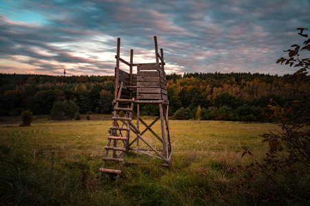hunting hut ambush in the nature with long exposure sky in ÅrsÃ©g Hungaryの写真素材