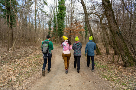 4 young adults walking hiking on the hungarian trail winter time activity