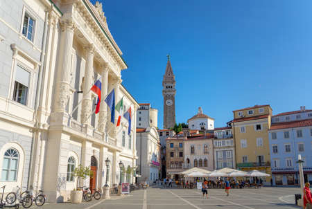 09.13.2021: Piran, Slovenia: Tartini Central Square at dusk with city lights in Piran Sloveniaのeditorial素材