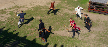 Sumeg, Hungary - 10.10.2021: historical hungarian archery show in Sumeg Castleのeditorial素材