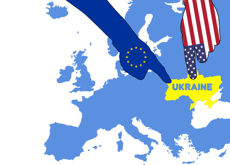 eu usa hand shape flags pointing on ukraine war politics conceptの写真素材