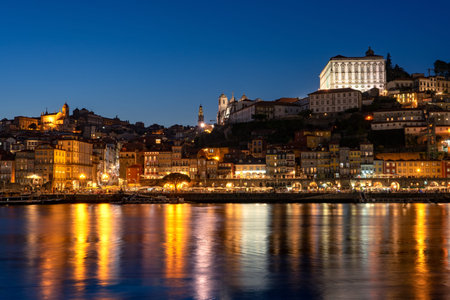 skyline in the evening in Porto on the riverside of Duero river cityscape at night