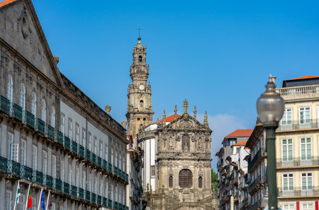 famous landmark clergios tower in downtown Porto with blue skyの写真素材
