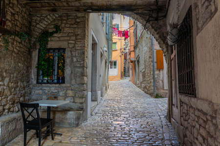 beautiful street of Rovinj Croatia with cobblestone looking through an arch tunelの写真素材