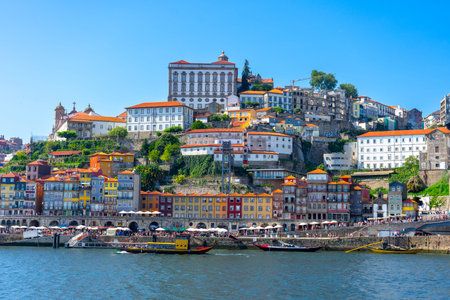 Beautiful colorful building facede in Porto Portugal next to Duero river in Ribeira