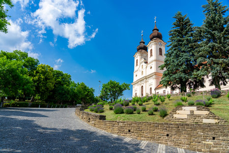 Benedictine abbey with lavender flower in Tihany, Hungary at the region famous lavender festival