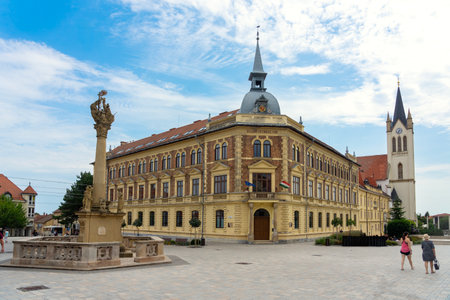 Keszhely main square with famous buildings the sign in the middle mean state gymnasiumの写真素材