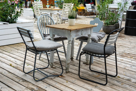 cozy decorated cafe outdoor terrace winter outdoor designの写真素材
