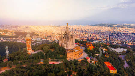 Beautiful aerial view of Sagrado corazÃ³n de JesÃºs temple in Tibidabo mountain. Panoramic view of Barcelonaの写真素材