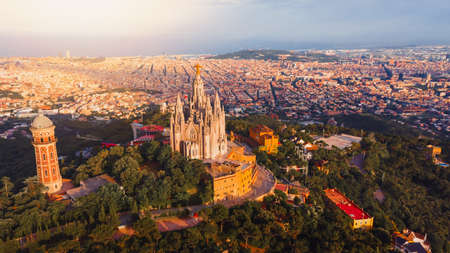 Beautiful aerial view of Sagrado corazÃ³n de JesÃºs temple in Tibidabo mountain. Panoramic view of Barcelonaの写真素材
