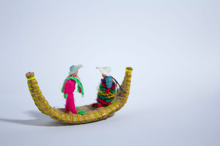 people sailing raft lake andean art detail