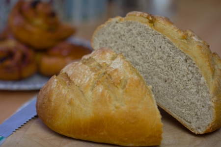 A loaf of bread cut in half with a shallow depth of fieldの写真素材